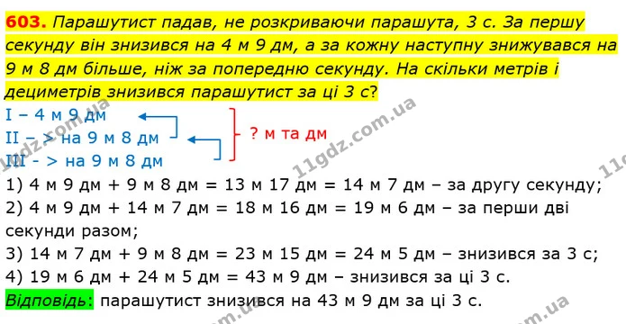 603. Парашутист падав, не розкриваючи парашута, 3 с. За першу секунду він знизився на 4 м 9 дм, а за кожну наступну знижувався на 9 м 8 — ГДЗ Математика 4 клас Лишенко 1-2 ч.
