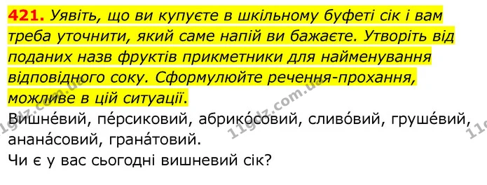 421. Уявіть, що ви купуєте в шкільному буфеті сік і вам треба уточнити, який саме напій ви бажаєте. Утворіть від поданих назв фруктів — ГДЗ Українська мова 6 клас Заболотний 2020