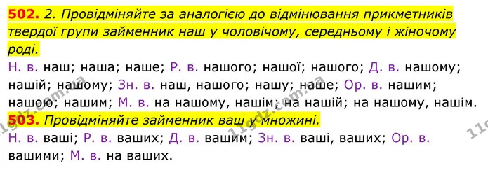 502. 2. Провідміняйте за аналогією до відмінювання прикметників твердої групи займенник наш у чоловічому, середньому і жіночому — ГДЗ Відповіді Українська мова 6 клас Єрмоленко