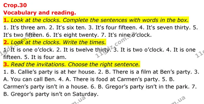 1. Look at the clocks. Complete the sentences with words in the box. — ГДЗ Робочий зошит Англійська мова 5 клас Коста (prepare 5)