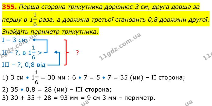 355. Перша сторона трикутника дорівнює 3 см, друга довша за першу в 116 раза, а довжина третьої становить 0,8 довжини другої. Знайдіть — ГДЗ Математика 6 клас Кравчук 2023