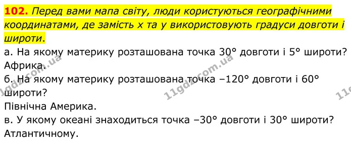 102. Перед вами мапа світу, люди користуються географічними координатами, де замість x та у використовують градуси довготи і широти. — ГДЗ Математика 6 клас Біос 1-2 ч.