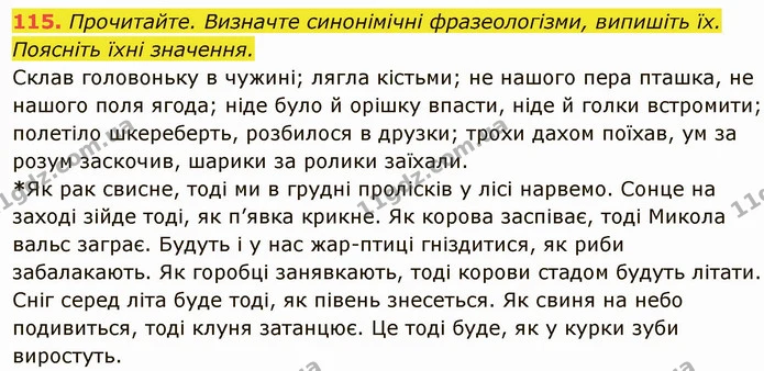 115. Прочитайте. Визначте синонімічні фразеологізми, випишіть їх. — ГДЗ Українська мова 6 клас Глазова