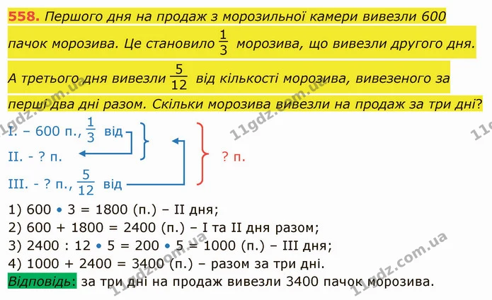 558. Першого дня на продаж з морозильної камери вивезли 600 пачок морозива. Це становило морозива, що вивезли другого дня. А третього — ГДЗ Математика 4 клас Лишенко 1-2 ч.