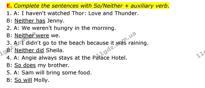 E. Complete the sentences with So/Neither + auxiliary verb. — ГДЗ Робочий зошит Англійська мова 6 клас Мітчелл