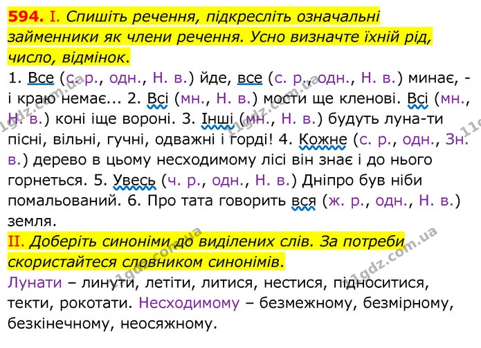 594. І. Спишіть речення, підкресліть означальні займенники як члени речення. Усно визначте їхній рід, число, відмінок. — ГДЗ Українська мова 6 клас Заболотний 2020