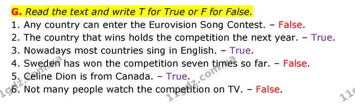 G. Read the text and write T for True or F for False. — ГДЗ Робочий зошит Англійська мова 6 клас Мітчелл