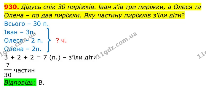 930. Дiдусь спiк 30 пирiжкiв. lван з'iв три пирiжки, а Олеся та Олена – по два пирiжки. Яку частину пирiжкiв з'iли дiти? — ГДЗ Математика 5 клас Бевз
