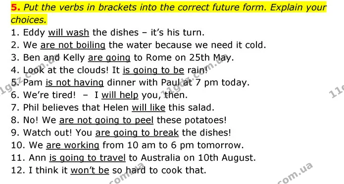 5. Put the verbs in brackets into the correct future form. Explain your choices. — ГДЗ Зошит з Граматики Англійська мова 6 клас Карпюк