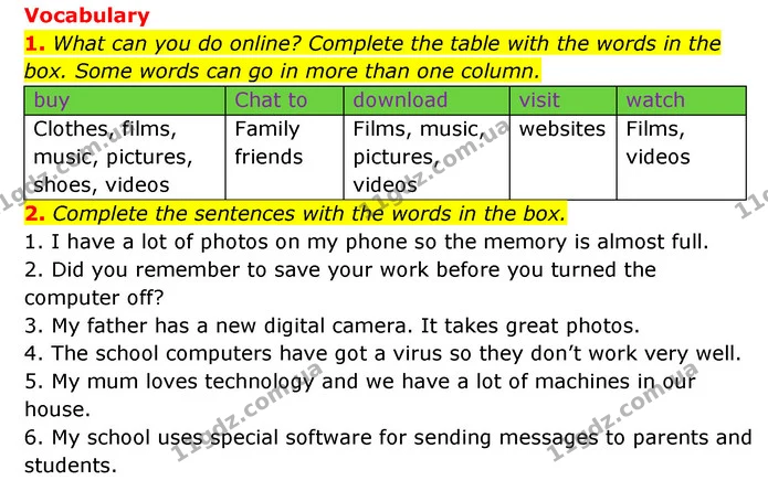 1. What can you do online? Complete the table with the words in the box. Some words can go in more than one column. — ГДЗ робочий зошит Англійська мова 6 клас Prepare