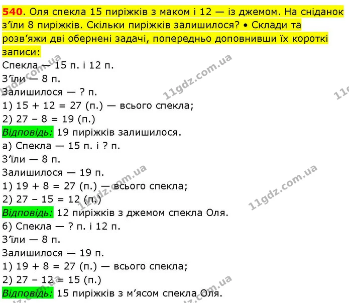 540. Оля спекла 15 пиріжків з маком і 12 — із джемом. На сніданок з’їли 8 пиріжків. Скільки пиріжків залишилося? • Склади та розв’яжи — ГДЗ Математика 3 клас Козак 1-2 ч.