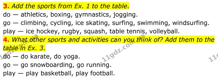 3. Add the sports from Ex. 1 to the table. — ГДЗ Англійська мова 8 клас Стайрінг (Prepare)