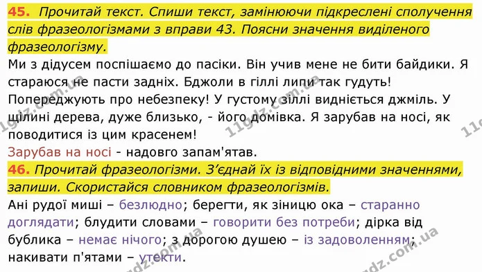 45. Прочитай текст. Спиши текст, замінюючи підкреслені сполучення слів фразеологізмами з вправи 43. Поясни значення виділеного — ГДЗ Українська мова та читання 4 клас Захарійчук