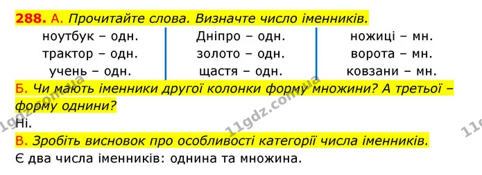 288. А. Прочитайте слова. Визначте число іменників. — ГДЗ Українська мова 6 клас Заболотний 2023