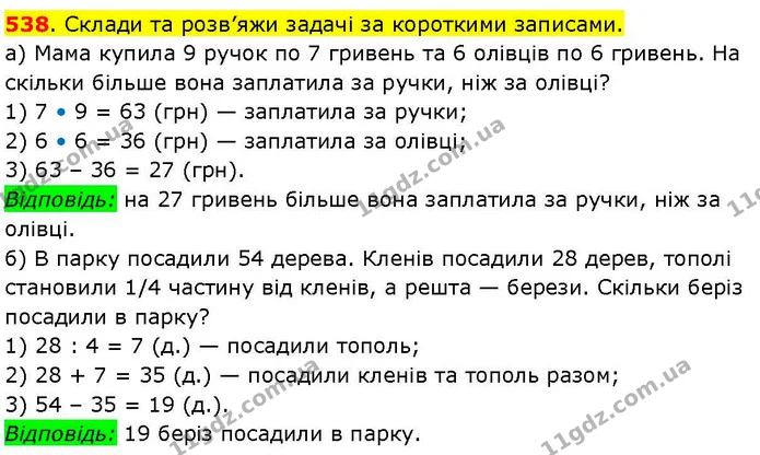 538. Склади та розв’яжи задачі за короткими записами. — ГДЗ Математика 3 клас Козак 1-2 ч.