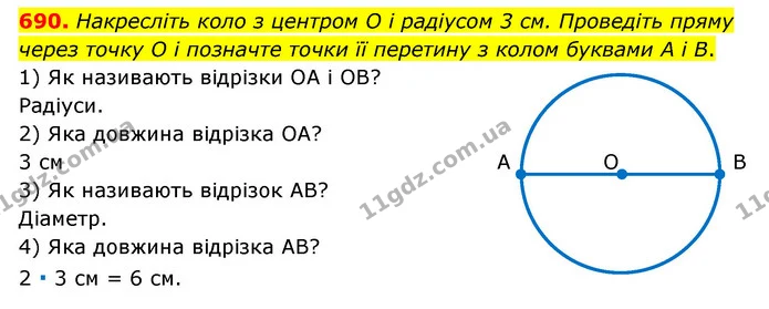 690. Накресліть коло з центром O і радіусом 3 см. Проведіть пряму через точку O і позначте точки її перетину з колом буквами A і В. — ГДЗ Математика 6 клас Мерзляк 2023 1-2 ч.
