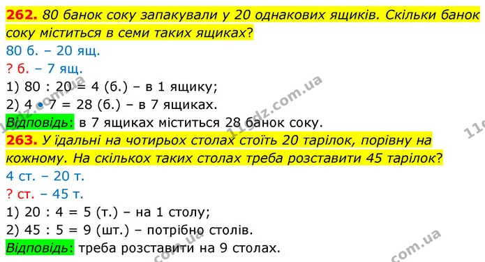 262. 80 банок соку запакували у 20 однакових ящиків. Скільки банок соку міститься в семи таких ящиках? — ГДЗ Математика 4 клас Листопад