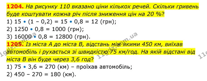 1204. На рисунку 110 вказано ціни кількох речей. Скільки гривень буде коштувати кожна річ після зниження цін на 20 %? — ГДЗ Математика 6 клас Кравчук 2023
