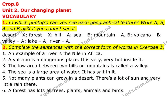 1. In which photo(s) can you see each geographical feature? Write A, B, A and B or X if you cannot see it. — ГДЗ робочий зошит Англійська мова 7 клас Prepare