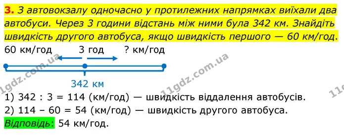 3. З автовокзалу одночасно у протилежних напрямках виїхали два автобуси. Через 3 години відстань між ними була 342 км. Знайдіть — ГДЗ Математика 4 клас Логачевська 1 та 2 частини