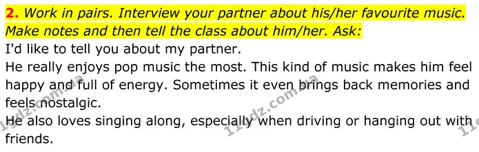 2. Work in pairs. Interview your partner about his/her favourite music. Make notes and then tell the class about him/her. Ask: — ГДЗ Англійська мова 8 клас Карпюк 2025