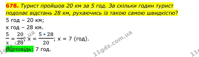 678. Турист пройшов 20 км за 5 год. За скільки годин турист подолає відстань 28 км, рухаючись із такою самою швидкістю? — ГДЗ Математика 6 клас Тарасенкова 2023 1-2 ч.