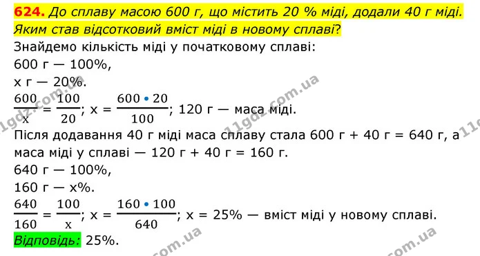 624. До сплаву масою 600 г, що містить 20 % міді, додали 40 г міді. Яким став відсотковий вміст міді в новому сплаві? — ГДЗ Математика 6 клас Мерзляк 2023 1-2 ч.
