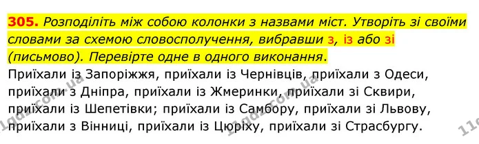 305. Розподіліть між собою колонки з назвами міст. Утворіть зі своїми словами за схемою словосполучення, вибравши з, із або зі — ГДЗ Українська мова 5 клас Заболотний 2022