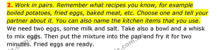 2. Work in pairs. Remember what recipes you know, for example boiled potatoes, fried eggs, baked meat, etc. Choose one and tell your — ГДЗ Англійська мова 6 клас Карпюк 2023