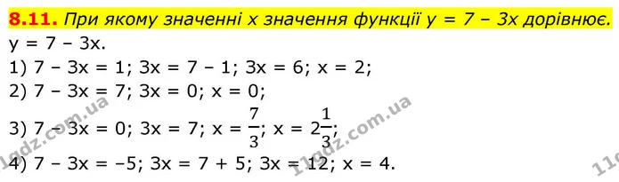 8.11. При якому значенні x значення функції у = 7 – 3x дорівнює. — ГДЗ Алгебра 9 клас Істер