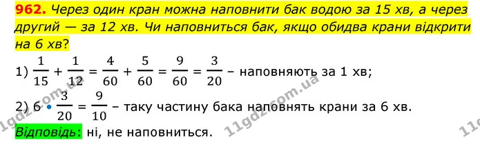 962. Через один кран можна наповнити бак водою за 15 хв, а через другий — за 12 хв. Чи наповниться бак, якщо обидва крани відкрити на 6 — ГДЗ Математика 6 клас Кравчук 2023