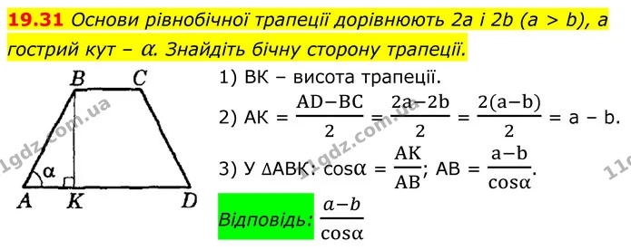 19.31 Основи рівнобічної трапеції дорівнюють 2а і 2b (а > b), а гострий кут – α. Знайдіть бічну сторону трапеції. — ГДЗ Геометрія 8 клас Істер