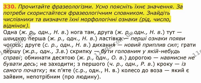 330. Прочитайте фразеологізми. Усно поясніть їхнє значення. За потреби скористайтеся фразеологічним словником. Знайдіть числівники та — ГДЗ Українська мова 6 клас Заболотний 2019
