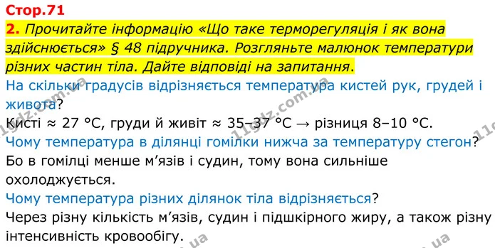 2. Прочитайте інформацію «Що таке терморегуляція і як вона здійснюється» § 48 підручника. Розгляньте малюнок температури різних частин — ГДЗ Робочий зошит Біологія 8 клас Кулініч