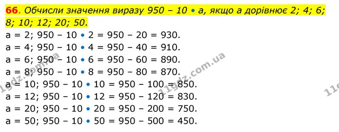66. Обчисли значення виразу 950 – 10 • а, якщо а дорівнює 2; 4; 6; 8; 10; 12; 20; 50. а = 2; 950 – 10 • 2 = 950 – 20 = 930. а = 4; 950 — ГДЗ Математика 3 клас Бевз 2 частина