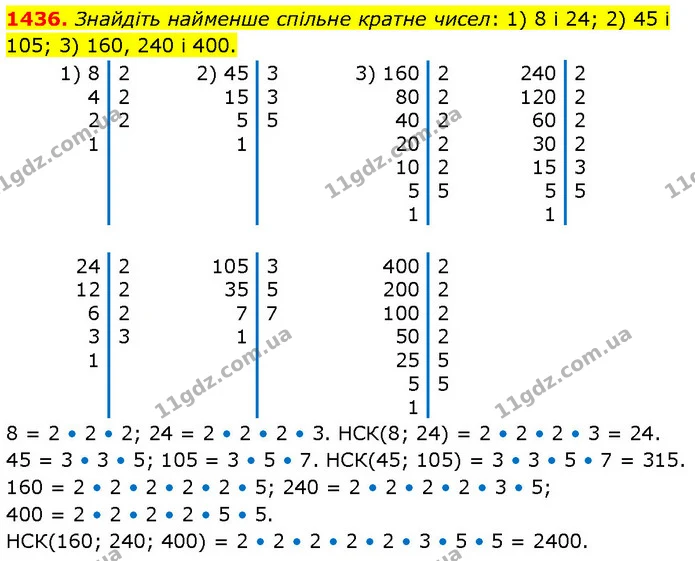 1436. Знайдіть найменше спільне кратне чисел: 1) 8 і 24; 2) 45 і 105; 3) 160, 240 і 400. — ГДЗ Математика 6 клас Кравчук 2023