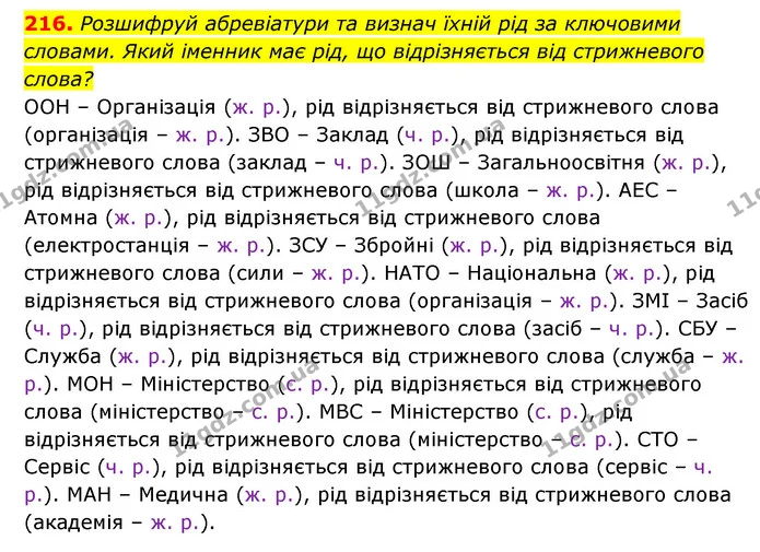 216. Розшифруй абревіатури та визнач їхній рід за ключовими — ГДЗ Українська мова 6 клас Онатій