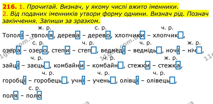 216. 1. Прочитай. Визнач, у якому числі вжито іменники. — ГДЗ Українська мова та читання 3 клас Коваленко (1 частина)
