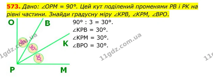 573. Дано: ∠OPM = 90°. Цей кут поділений променями PB і PK на рівні частини. Знайди градусну міру ∠KPB, ∠KPM, ∠BPO. — ГДЗ Математика 5 клас Скворцова 2022