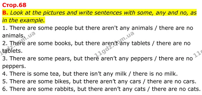 B. Look at the pictures and write sentences with some, any and no, as in the example. — ГДЗ граматика Англійська мова 7 клас Мітчелл