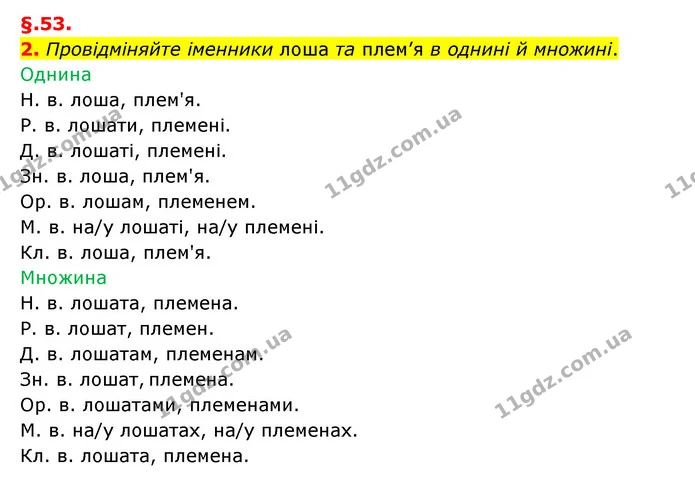 2. Провідміняйте іменники лоша та плем’я в однині й множині. — ГДЗ Українська мова 6 клас Авраменко