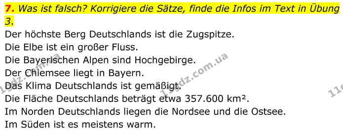 7. Was ist falsch? Korrigiere die Sätze, finde die Infos im Text in Übung 3. — ГДЗ Німецька мова 8 клас Сотникова (2025) 4 рік
