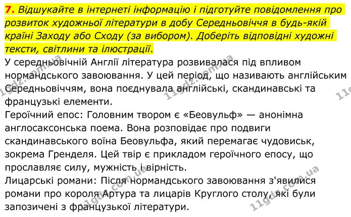 7. Відшукайте в інтернеті інформацію і підготуйте повідомлення про розвиток художньої літератури в добу Середньовіччя в будь-якій — ГДЗ Зарубіжна література 8 клас Ніколенко
