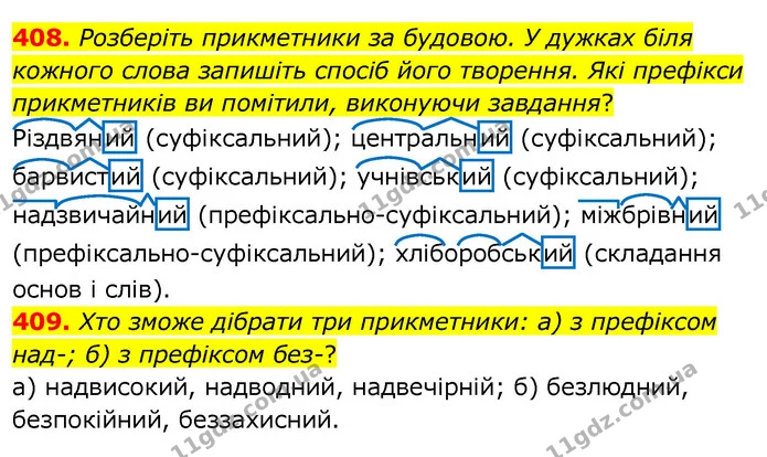 408. Розберіть прикметники за будовою. У дужках біля кожного слова запишіть спосіб його творення. Які префікси прикметників ви — ГДЗ Українська мова 6 клас Заболотний 2020