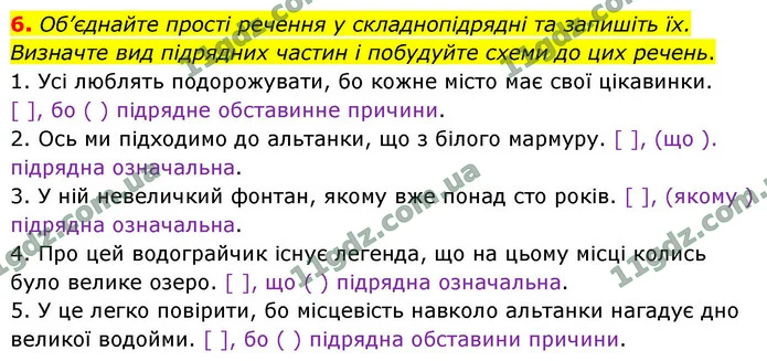 6. Об’єднайте прості речення у складнопідрядні та запишіть їх. Визначте вид підрядних частин і побудуйте схеми до цих речень. — ГДЗ Українська мова 9 клас Авраменко 2026