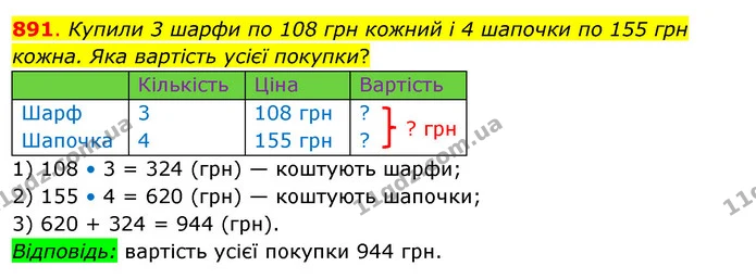891. Купили 3 шарфи по 108 грн кожний і 4 шапочки по 155 грн кожна. Яка вартість усієї покупки? — ГДЗ Математика 3 клас Бевз 2 частина
