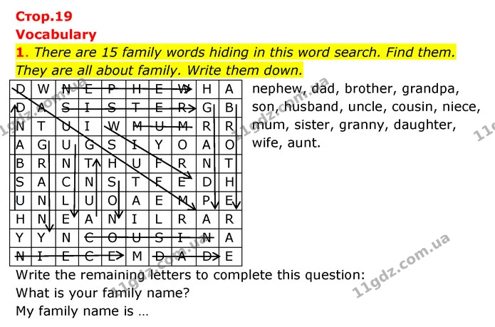 1. There are 15 family words hiding in this word search. Find them. They are all about family. Write them down. — ГДЗ Робочий зошит Англійська мова 6 клас Карпюк
