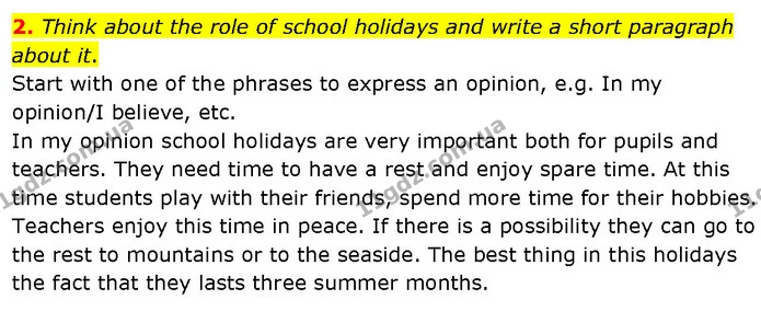 2. Think about the role of school holidays and write a short paragraph about it. — ГДЗ Робочий зошит Англійська мова 7 клас Карпюк