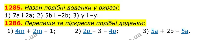1285. Назви подібні доданки у виразі: — ГДЗ Математика 6 клас Істер 2023 1-2 ч.