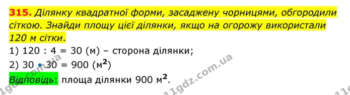 315. Ділянку квадратної форми, засаджену чорницями, обгородили сіткою. Знайди площу цієї ділянки, якщо на огорожу використали 120 м — ГДЗ Математика 4 клас Бевз 1 та 2 частини